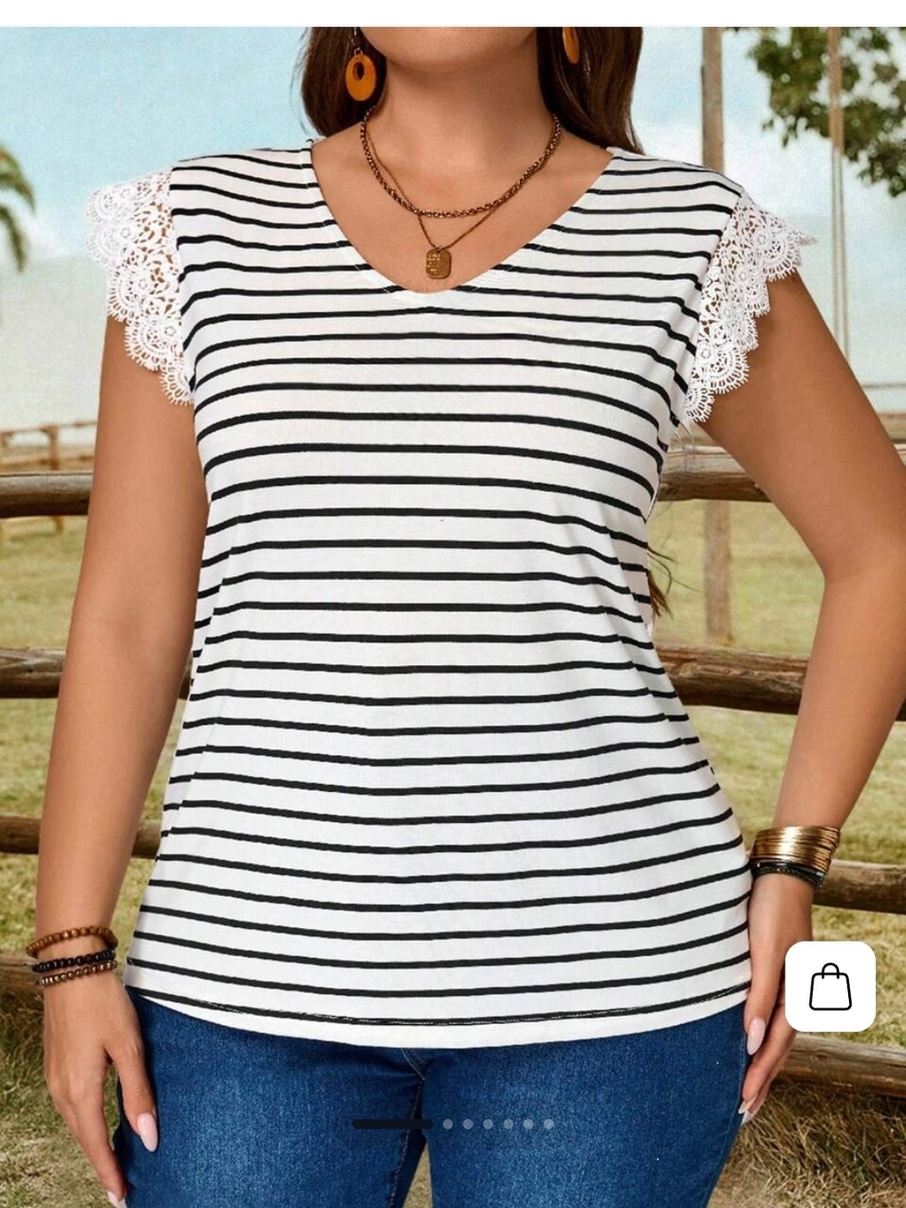 Anneliese Women's Black & White Stipe V Neck Lace Sleeve Top Size Small Stretch